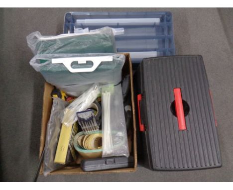 A box of assorted tools, hardware, face masks, gazebo panels, together with a utility stool and a set of plastic multi purpos