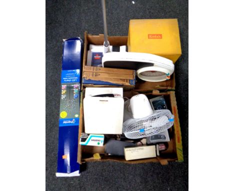 Two boxes of miscellany to include Kodak projector, bathroom scales, lamps, lantern, cameras etc. 