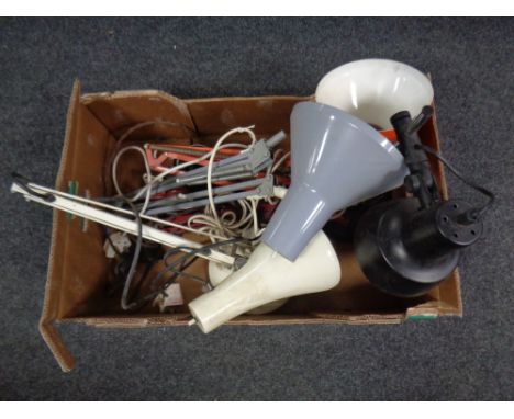 A box containing mid 20th century lighting to include assorted angle poise lamps, table lamp. 