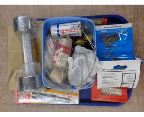A tray of impact driver, hand tools, electrical wiring, window locks, pair of Weider dumbbells 