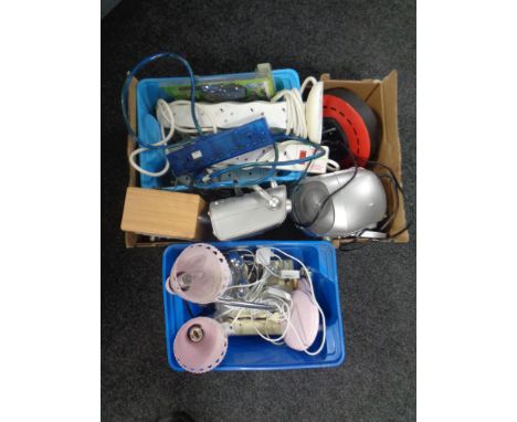 Two boxes of CD radio cassette player, DAB radios, extension leads, table lamps etc. 