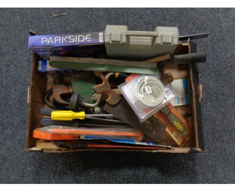 A box of assorted vintage and later hand tools, Parkside glue gun etc. 