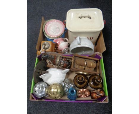 Two boxes of china shire horse with cart, enamel bread bin, chamber pots, flagons, coffee grinder etc. 