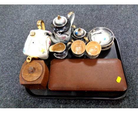 A tray of twelve cased silver plated tea spoons with sugar tongs, wooden tea caddy, ceramic tea pot, Japanese tea service 