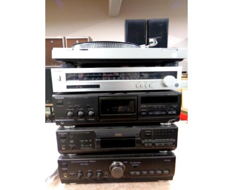 Five Technics hifi separates to include direct drive turntable SLD2, stereo tuner ST-S2L, stereo cassette deck RS-BX501, comp