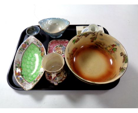 A tray of assorted ceramics to include Maling tankard, dishes and candlestick, Royal Doulton bowl, Poole pottery ashtray. 