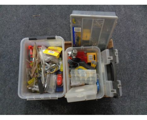 A box of a quantity of hand tools, hardware, plastic storage boxes, LED torch etc. 