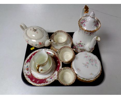 A tray containing assorted ceramics to include Royal Albert Cottage Garden teapot on stand, tea plates, part chain tea servic