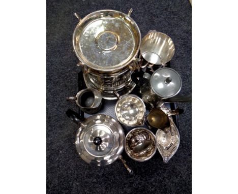 A tray of antique and later plated ware, Elkington silver plated crepe cooker on stand. on stand, ice bucket, tea service, pe