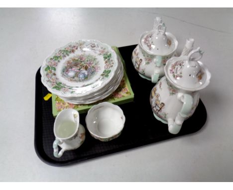 A tray containing four piece Royal Doulton Brambley Hedge tea service together with eight further plates. 