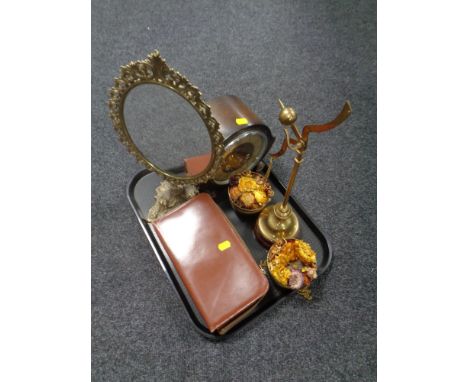 A tray of oak cased Art Deco mantel clock, brass framed dressing table mirror, brass pan scales, together with a leather case