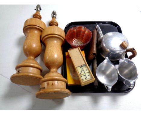 A tray of three piece Picquot ware tea service, pair of wooden table lamps, carnival glass bowl etc. 