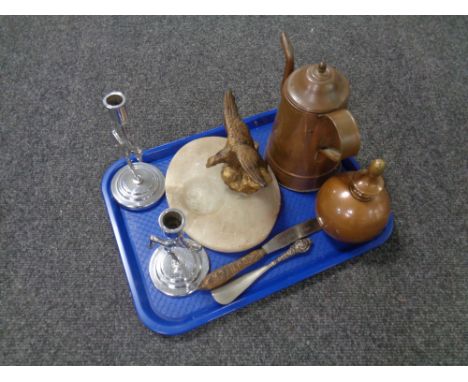 A tray of antique copper teapot and finial, Art Deco chrome candlesticks, marble ash tray surmounted with gilt eagle, shoehor