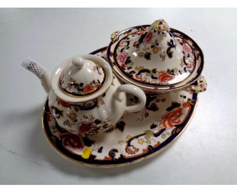 Three pieces of Masons Mandalay china to include tureen with lid, meat plate and teapot. 