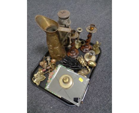 A tray of assorted brass wares, barley twist candlesticks, oil lamp, Barbola dressing table mirror 