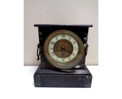 A 19th century marble and black slate mantel clock with brass and enamel dial   