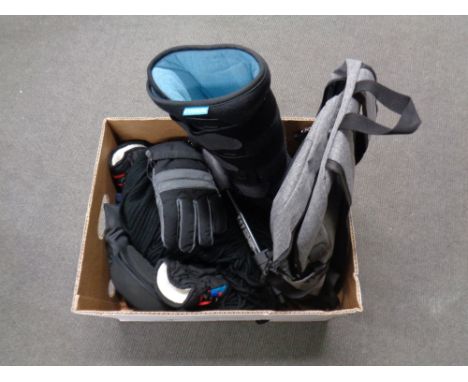 A box of holdall, hiking stick, gloves, scarf, together with a rehabilitation boot. 