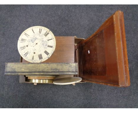 A box of miscellany to include clock faces, counter top display cabinet, Edwardian speaker, bed tray etc. 