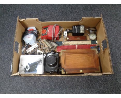 A box of miscellany to include slide rules, JJ Siddons convex iron, Petri camera etc.  