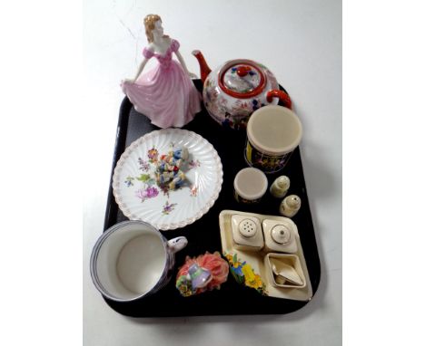 A tray of assorted ceramics to include Wade whimsies, 20th century Japanese teapot, Royal Doulton Classic figure 'Sweetheart'