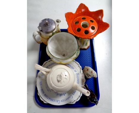 A tray of Royal Doulton teapot and vase, Hadley Greens limited edition teapot, Art Deco flower holder, Beswick Chaffinch etc.