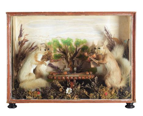 Taxidermy: Anthropomorphic Diorama of Card Playing Red squirrels (Sciurus vulgaris), circa 1880-1900, a whimsical diorama of 