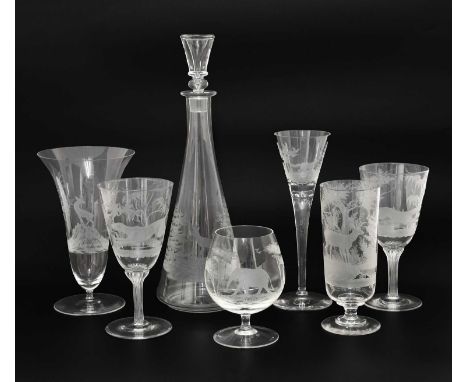 Natural History Collectibles: A Small Quantity of Engraved Glass Wares, to include - a decanter engraved depicting a roebuck,