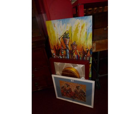 Betty Arcguan, a Pointialist style painting together with an African oil on canvas signed 'Subi' and a textile African portra