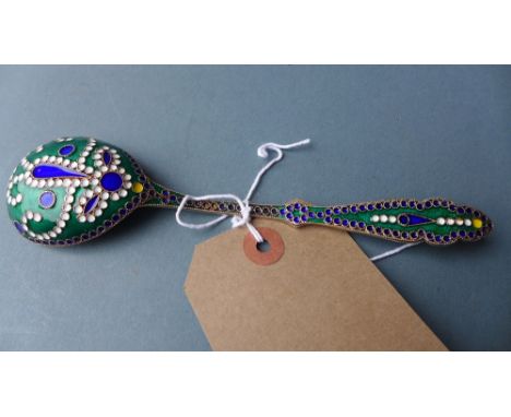 A Soviet period Russian silver gilt and enamel spoon together with a pre-revolution Russian silver and Niello teaspoon