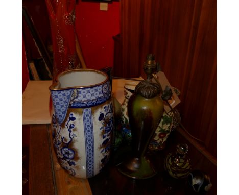 An Art Nouveau style table lamp together with a collection of ceramics paperweights and other items 