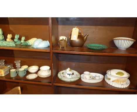 A collection of items including Sylvac rabbit figures, Royal Worcester fireproof items, Wedgwood cabbage ware plate and vario