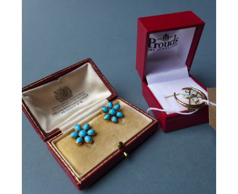 A 15ct gold, opal and ruby brooch in the form of a flower together with a pair of turquoise and gold flowerhead earrings 