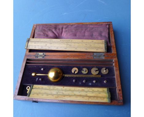 A cased Sikes hydrometer by Farrow and Jackson with a Dring & Fage of London Customs & Excise Ivory Slide Rule 1870-1900 