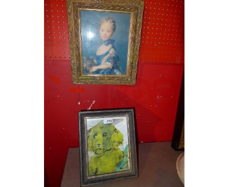 O.R Rey, a contemporary portrait of a dog, signed Rey, together with a print of an 18th century girl in a gilt gesso frame 