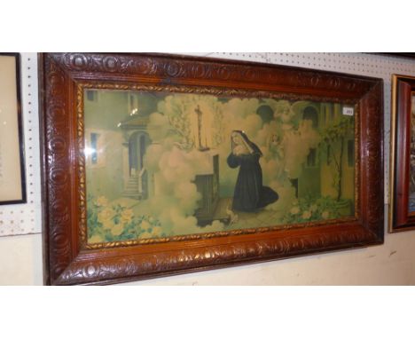 A religious print on canvas of a nun in prayer, in an ornately carved fruitwood frame with roundels and oak leaf motifs, 34 x