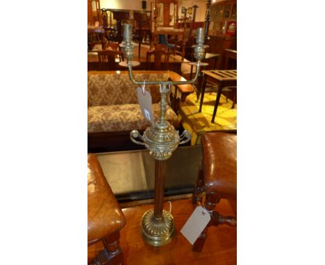 A 19th century brass Adams style urn and column form table lamp with twin lights