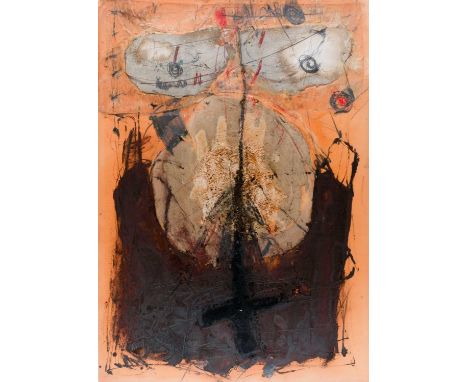 Rainer Lind (1954 Darmstadt - lebt in Darmstadt) Ohne Titel. Um 1980.Collage mit Gips, Blüten, Papier, Wachsmalern und Bleist