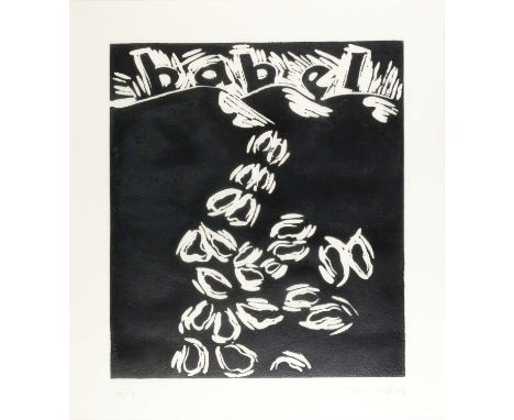 Jörg Immendorff (1945 Bleckede - Düsseldorf 2007) Aus: Babel. 1987.Schwarzer Linolschnitt auf Karton. Unter der Darstellung m