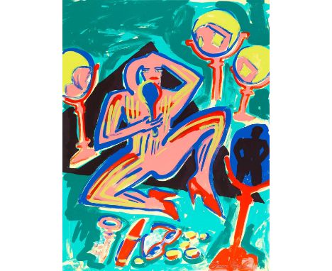 Elvira Bach (1951 Neuenhain - lebt in Berlin) Ohne Titel. 1983.Farbserigrafie auf Karton.Im unteren Blattrand mit Bleistift s