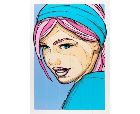 El Bocho (1978 Frankfurt am Main - lebt in Berlin) Girl in Blue and Pink. 2019.Fine Art-Print auf Hahnemühle Velvet.Verso mit