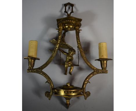 A Mid 20th Century Gilt Metal Two Branch Ceiling Chandelier with Cherub on Swing, 45cm high 