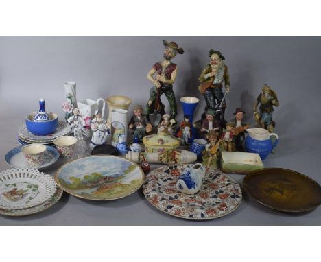 A Box of Ceramic Figural Ornaments, Oriental Mud Men, Decorated Plates etc 