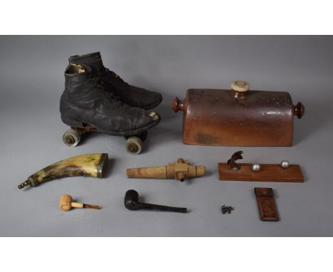 A Collection of Curios to Include Early/Mid 20th Century Roller Skates, 19th Century Horn Powder Flask (AF), Art Deco Picture