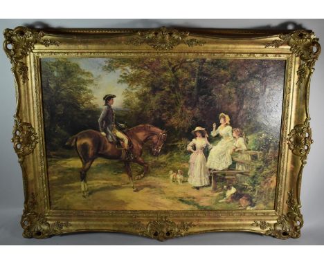 A Large Gilt Framed Textured Print After Heywood Hardy - "A Meeting by the Stile", 74cm wide 