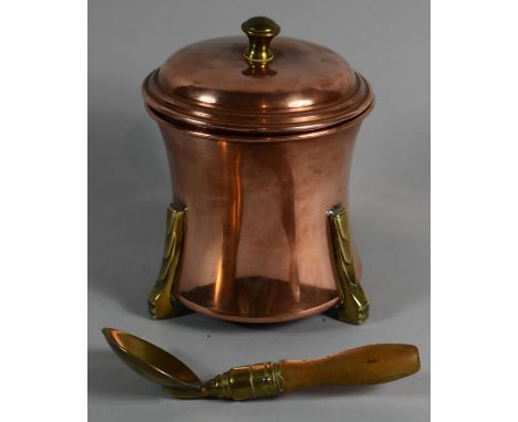 An Arts and Crafts Linton Copper Tea Caddy of Waisted Cylindrical Form Having Three Brass Feet and Finial, Unrelated Brass Te