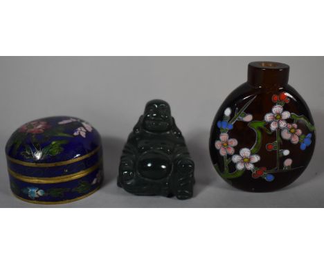 A Chinese Glass Snuff Bottle with Painted Enamel Decoration, Miniature Jade Seated Smiling Buddha and a Circular Enamelled Pi