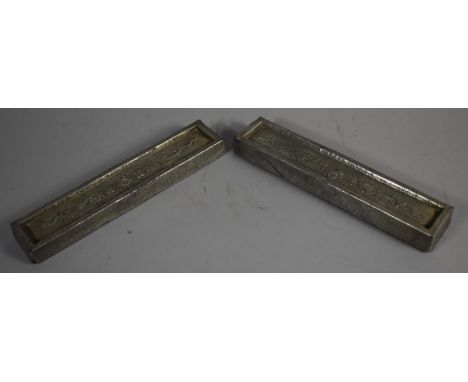 A Pair of Chinese Pewter Ingot Scroll Weights Decorated with Dragons and Flaming Pearl, 14cm Long 