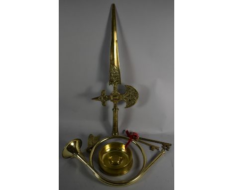 A Collection of Brass Ornaments to Include Large Reproduction Spear Head, 60cm Long, French Hunting Horn, Trench Art Shell Ba