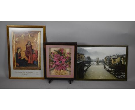 Two Framed Prints and an Artificial Flower Firescreen 