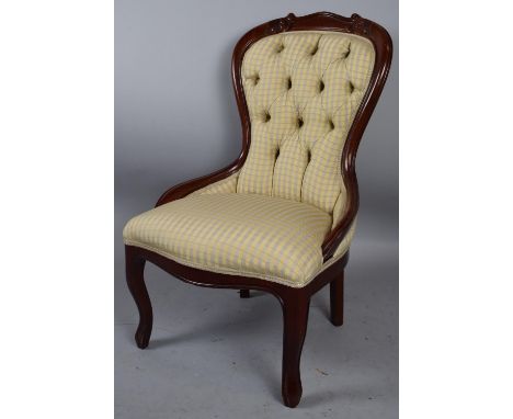 A Reproduction Mahogany Victorian Button Upholstered Balloon Back Nursing Chair 